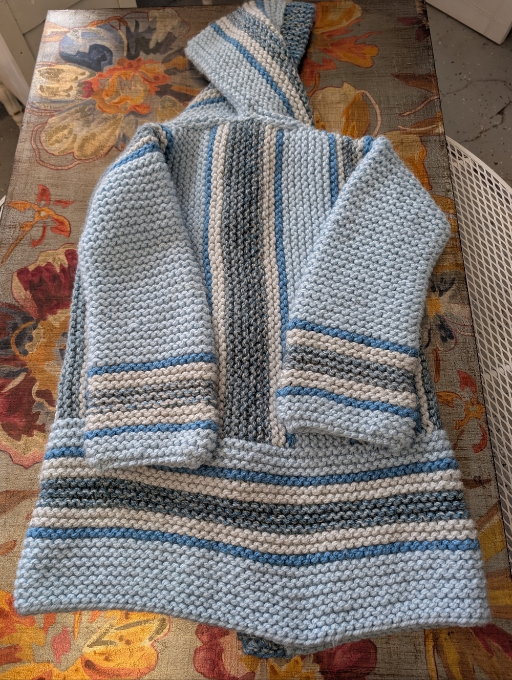 Hand Knitted Hooded Blue White Cozy Sweater Coat Oversized Bohemian XL - Picture 4 of 7
